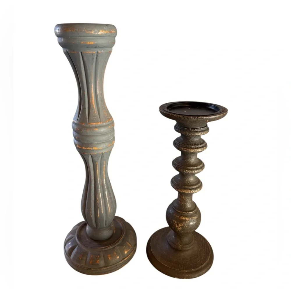 Decorative Blue Gray and Dark Grey Candle Holders Set - Home Accents